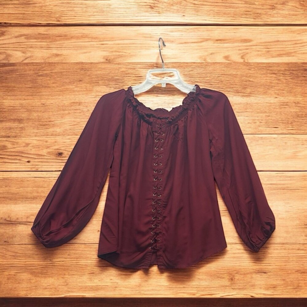 Rock & Republic Red Lace Up Boho Peasant Blouse Womens Medium